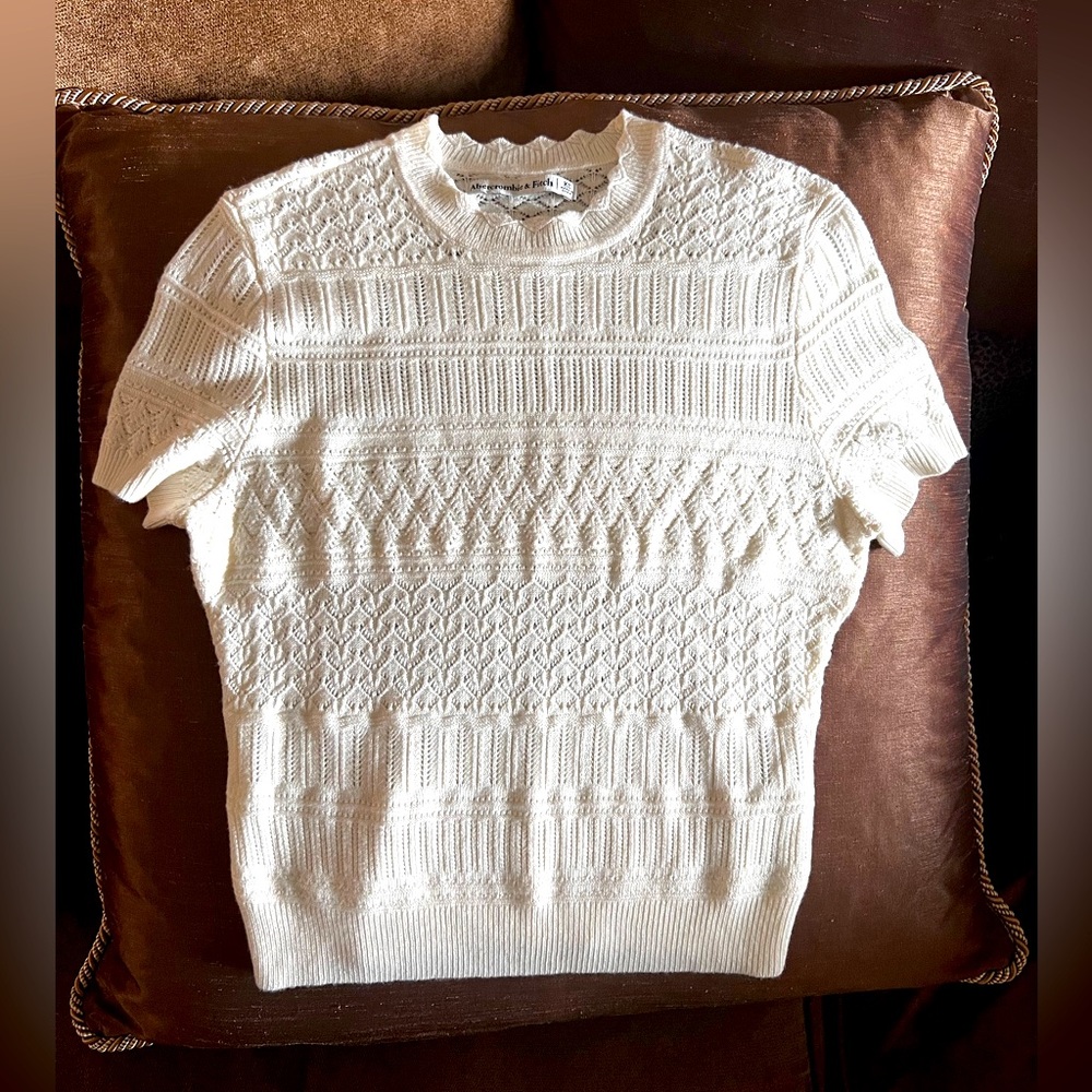 Abercrombie and Fitch lacy offwhite Lacey stretch knit crop short sleeve sweater